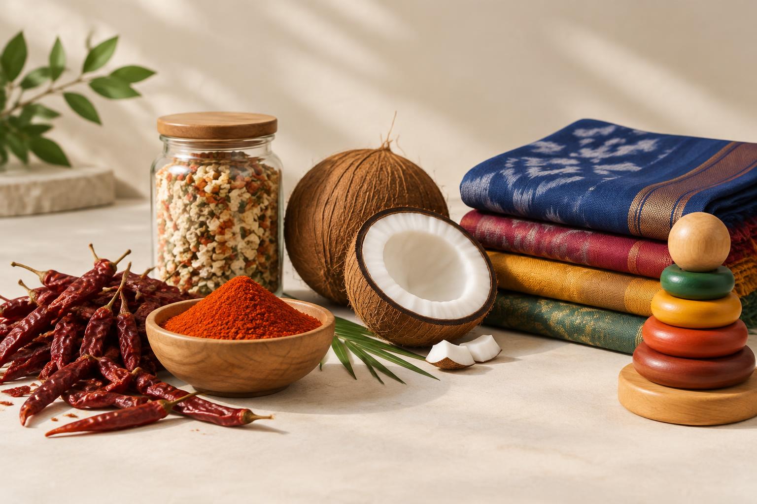 Handcrafted Indian wooden stacking toy and turned wooden pieces showing natural grain and finish
